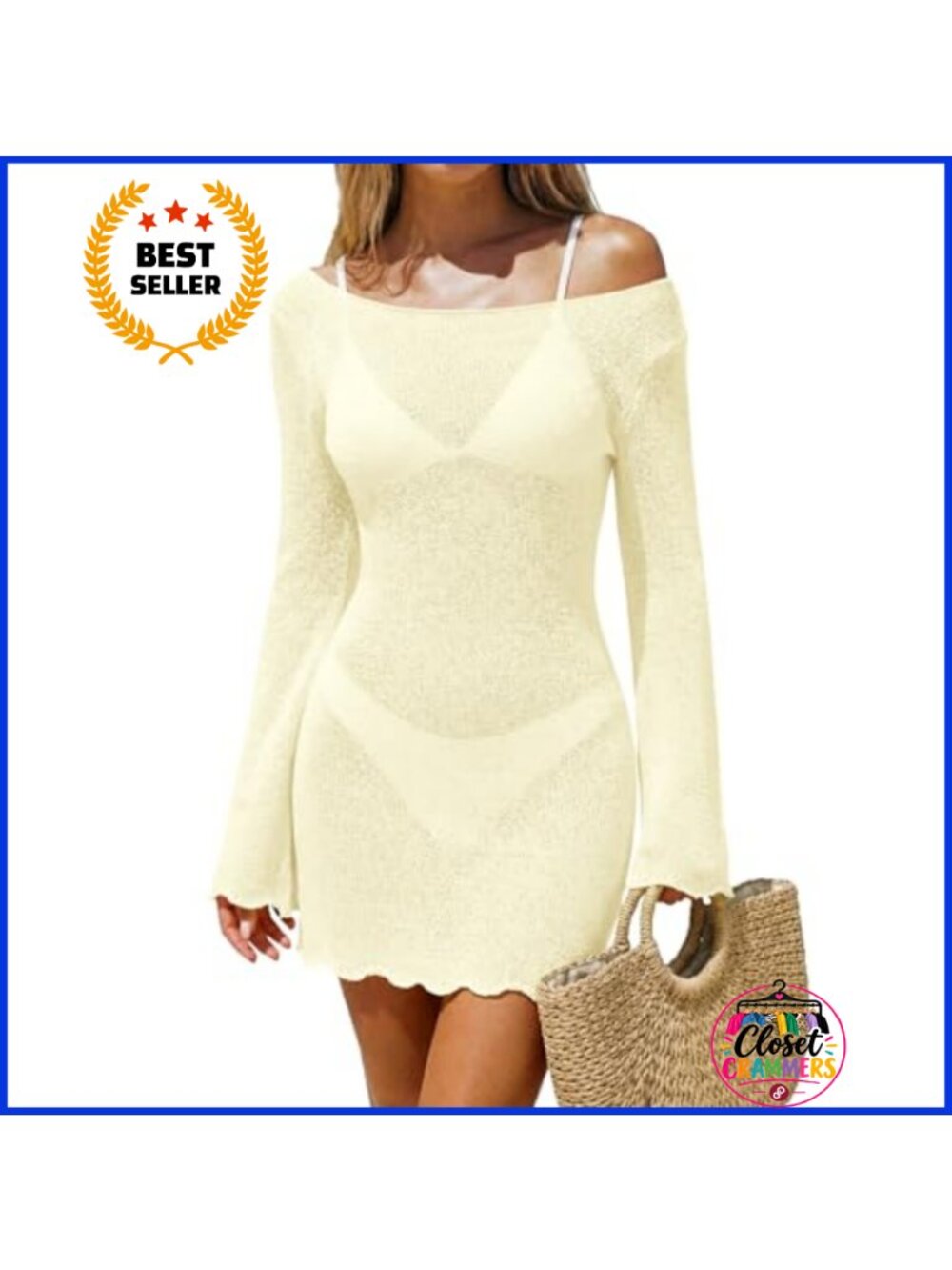 Sheer Mesh Knit Mini Cover-Up Dress Long Sleeve Backless Tie